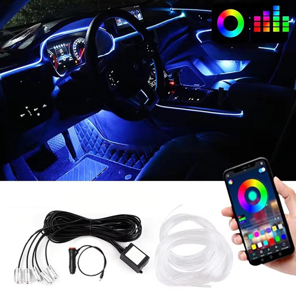 Светодиодные лампы для салона автомобиля, RGB оптоволоконная атмосфера, комплект неонового освещения с дистанционным управлением через приложение, автоматические декоративные лампы
