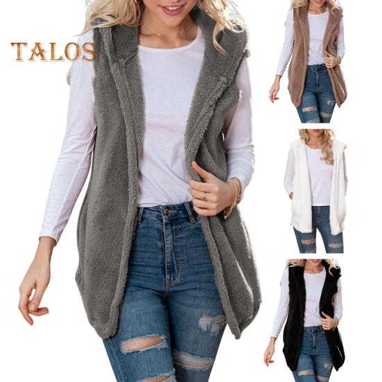 Женский зимний жилет с капюшоном, кардиган средней длины, жилет из искусственного меха, однотонное толстое теплое пальто без рукавов для повседневной носки на открытом воздухе