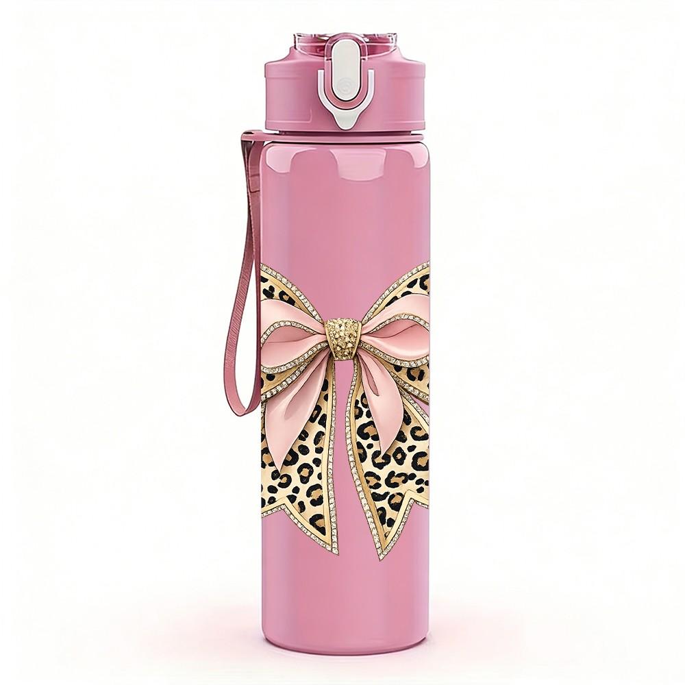 1PC Leopard Print Pattern Bow Print 750ml Color Plastic Sports Water Bottle Leakproof Flip Straw Lid Suitable for Sports Office Home Use