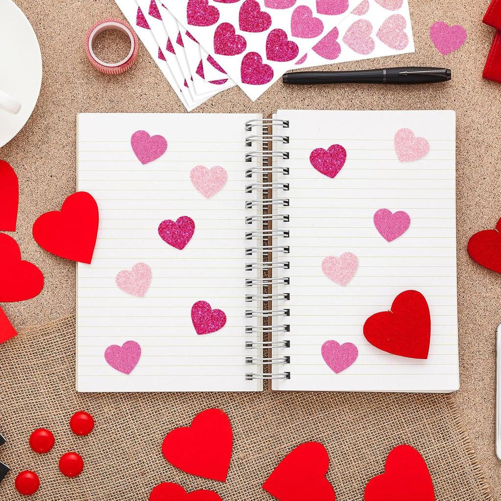 300Pcs Valentine's Day Glitter Pink Heart Stickers 1.5 Inch Sparking Adhesive Heart Stickers Arts and Crafts Decorative Envelope Seals for