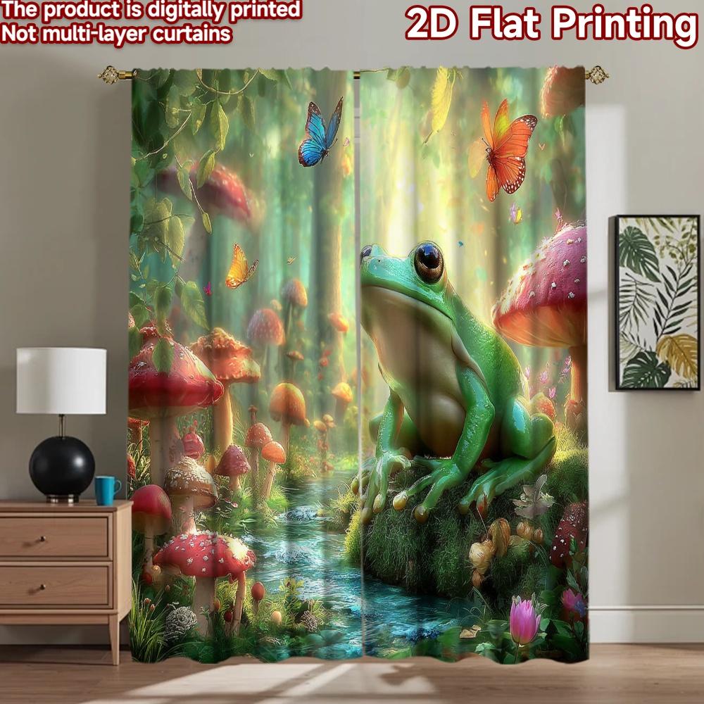 2D flat printing 2pcs Window Drapes Enchanted Forest Frog Stream Butterflies Digital Printed Polyester Drapes Seasonal Party &