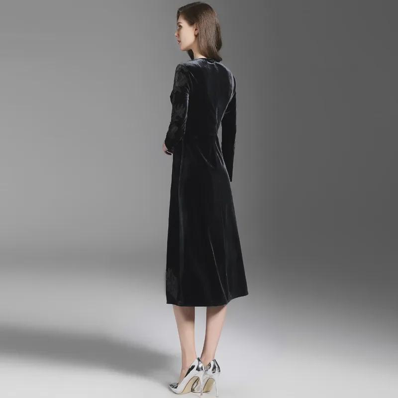 Женское платье средней длины из золотого бархата с вышивкой - корейский стиль