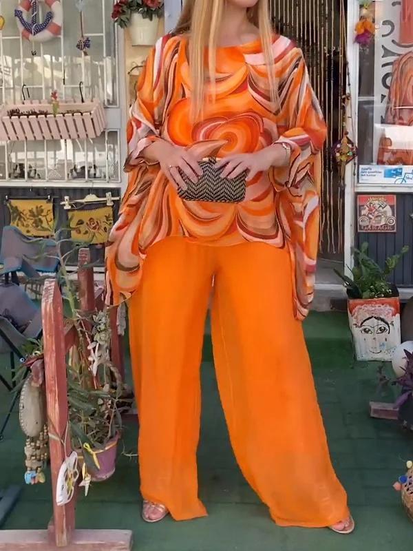 2024 Красочный шифоновый повседневный комплект из двух предметов с принтом, с круглым вырезом, летний