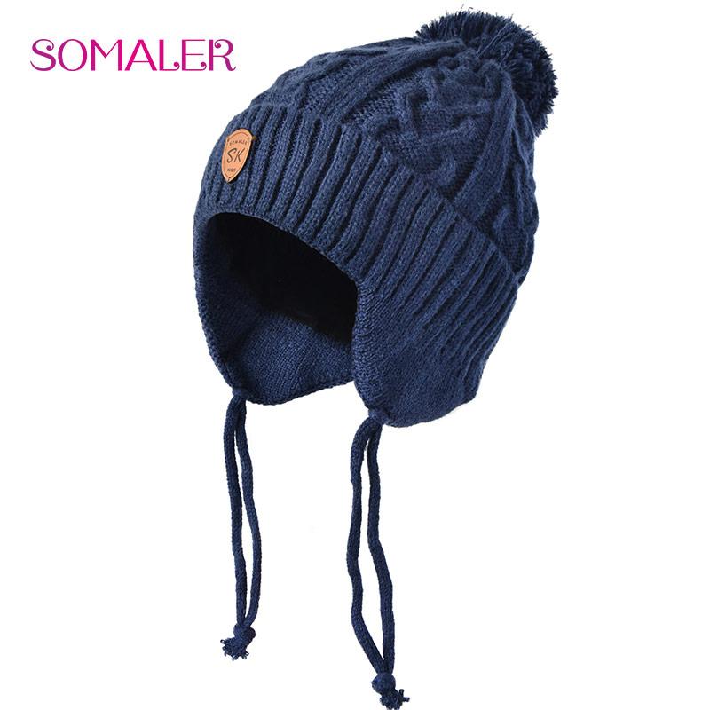 SOMALER Winter Baby Hat Real Fox Fur Pom Hat Knitted Boy Cap Cotton Earmuff Hat WarmThick Kid Beanie