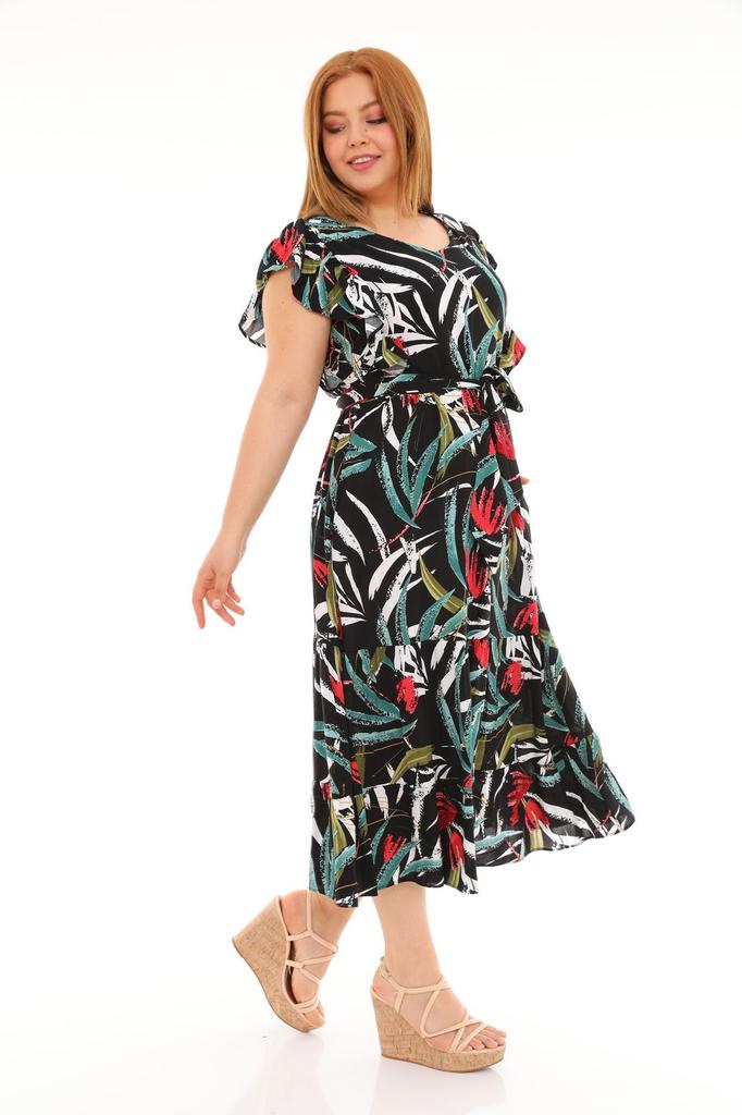 Женское платье большого размера, длинное вискозное платье с воланами, рукавами и круглым вырезом, поясом и цветочным узором