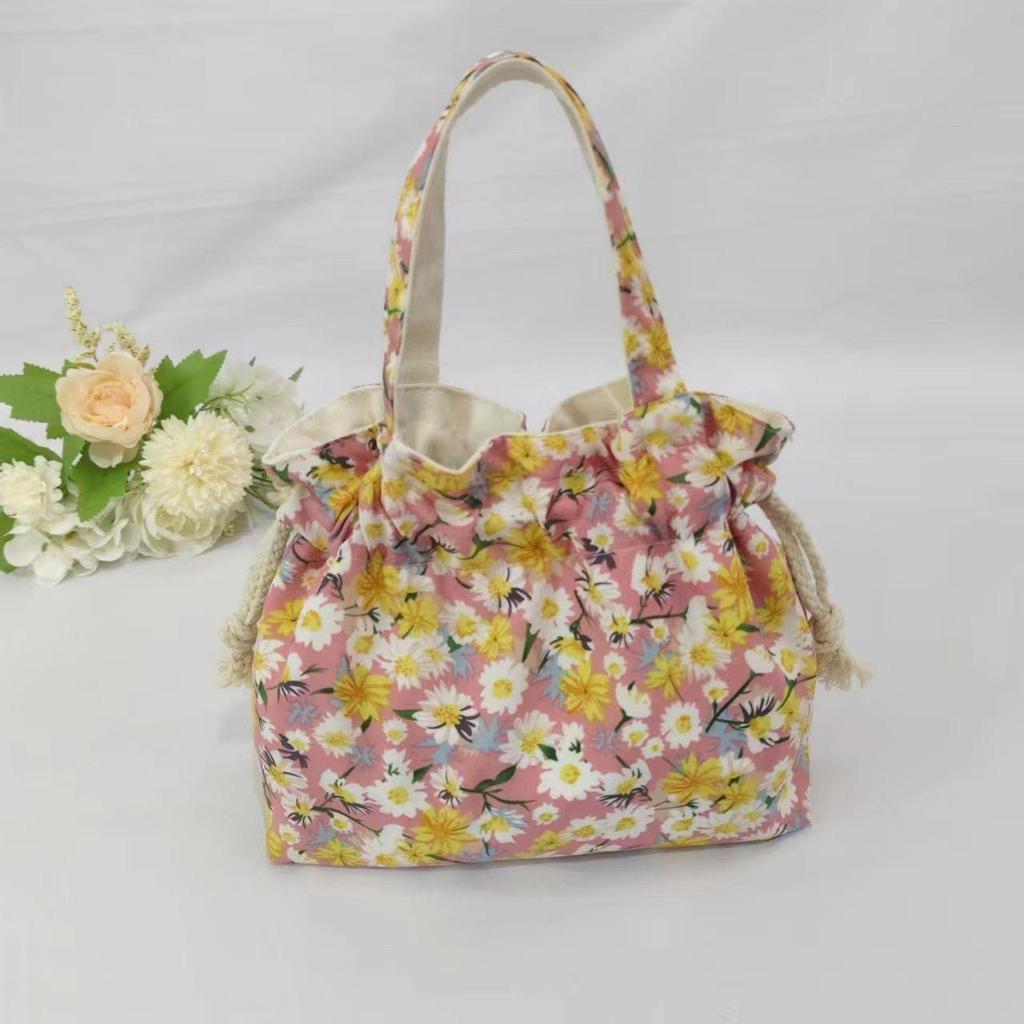 Floral Canvas Drawstring Tote Bag - Compact Lunch & Handbag for Women