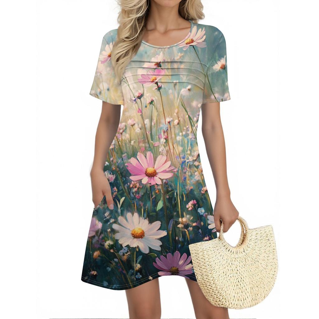 Женские летние платья Женские летние платья с цветочным принтом Повседневные платья с коротким рукавом и круглыми карманами