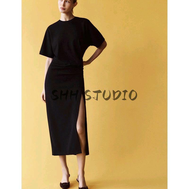 Spring New Women's Clothing Simple European and American Style Long Ruched Midi Skirt Short Sleeve Round Neck Dress 1058153