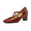 Cow Leather Square Toe Thick High Heels Summer Shoes Mary Janes Metal Square Buckle Women Pumps