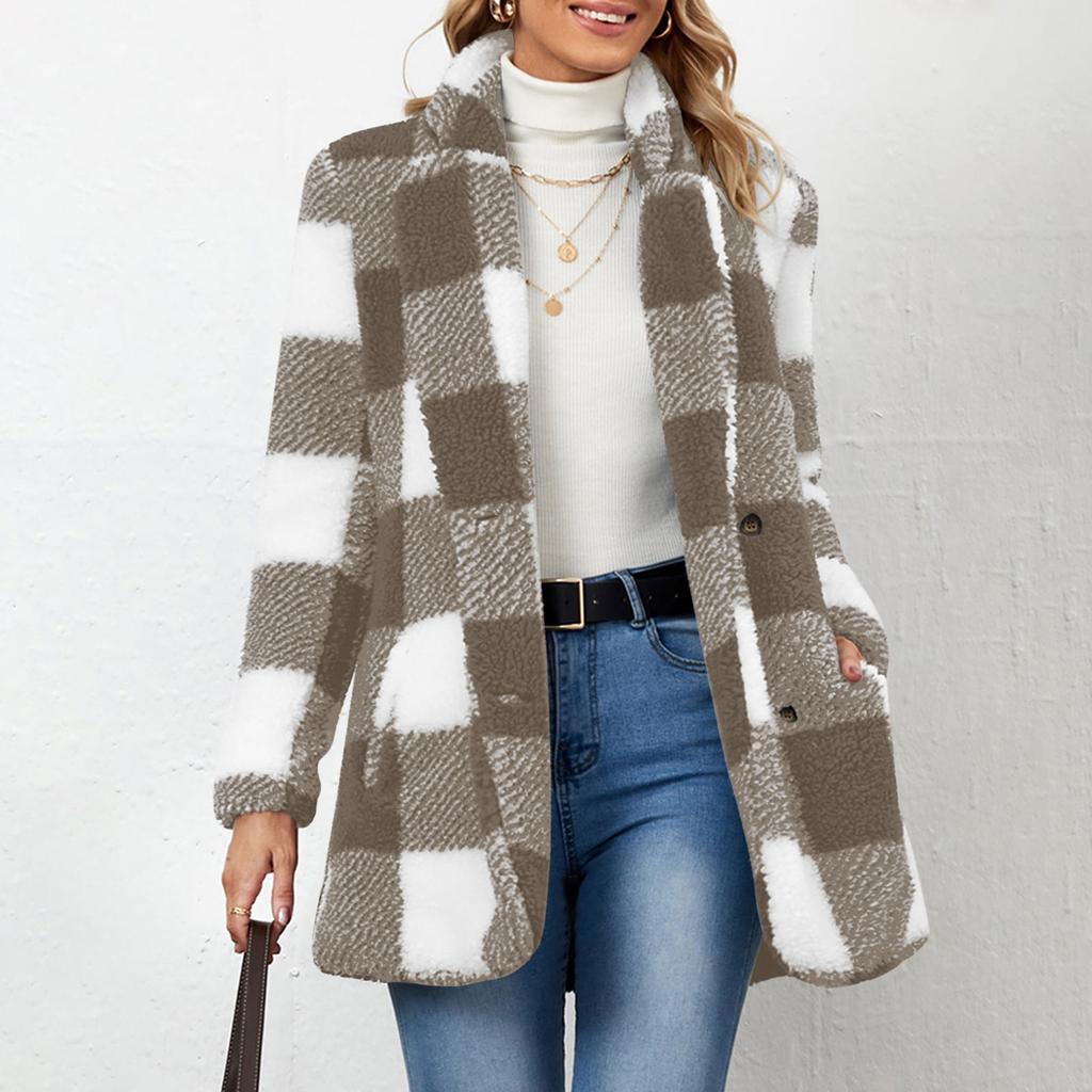 Women's Fashion Plaid Lapel Long Sleeved Coat With Buttons, Plush Warm Jacket With Pockets