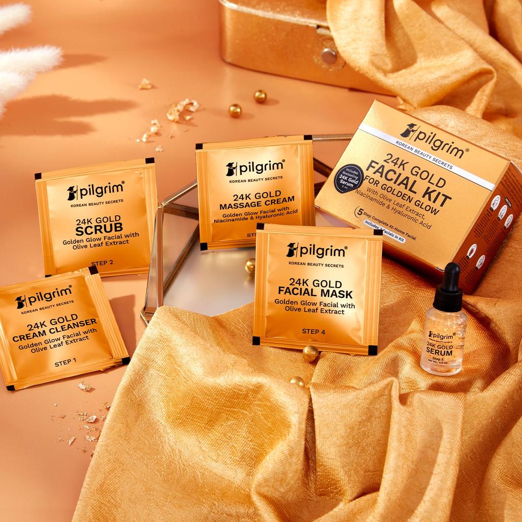 Pilgrim 24K Gold Facial Kit For Instant Radiance And Golden Glow With Cleanser Scrub Mask Massage Cream Mist 30 Ml