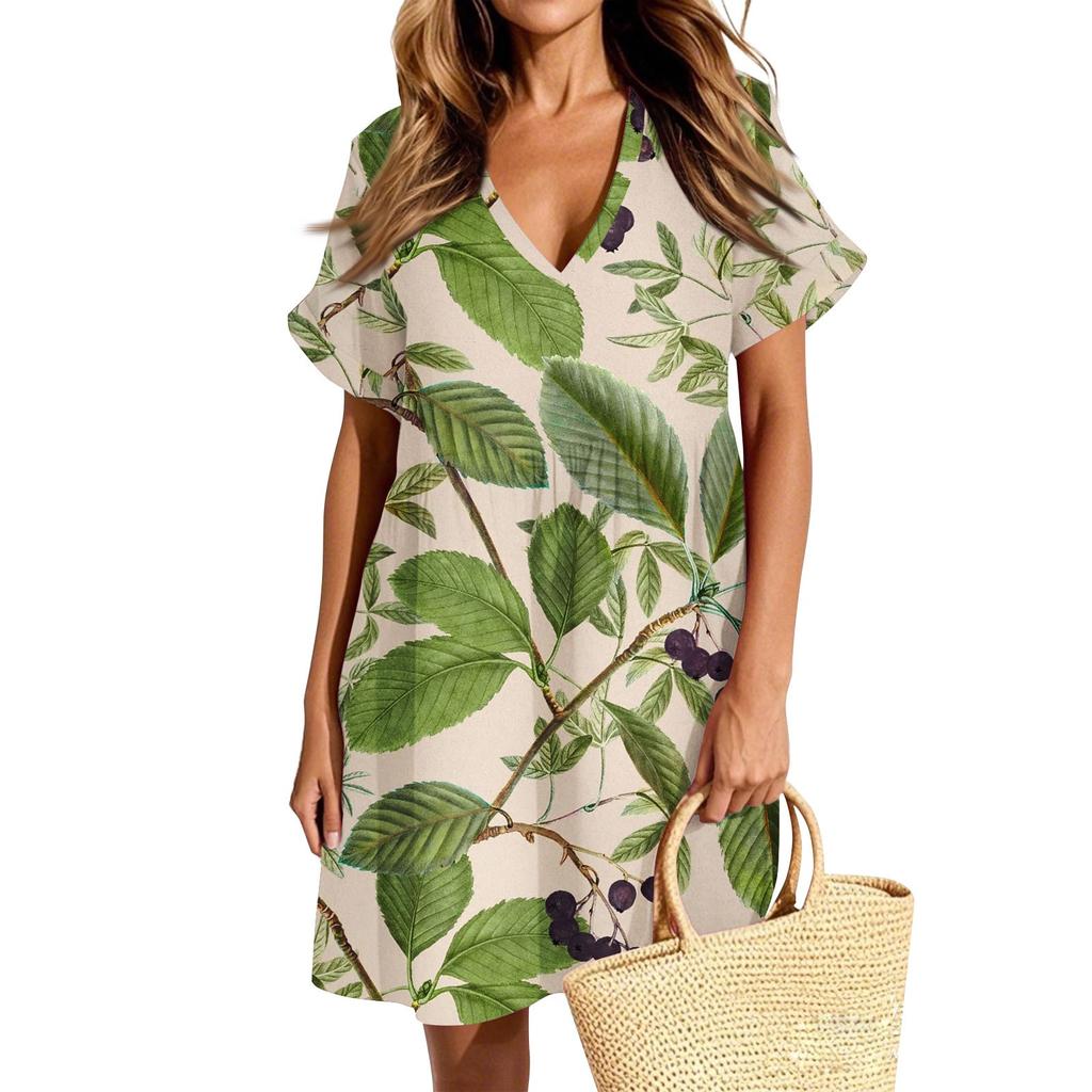 Женское повседневное модное платье с винтажным цветочным принтом и коротким рукавом и V-образным вырезом