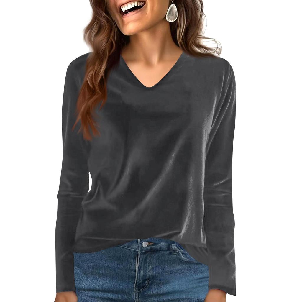 Women's Fashion Casual Velvet Solid Colour V-Neck Long-Sleeved T-Shirt Top