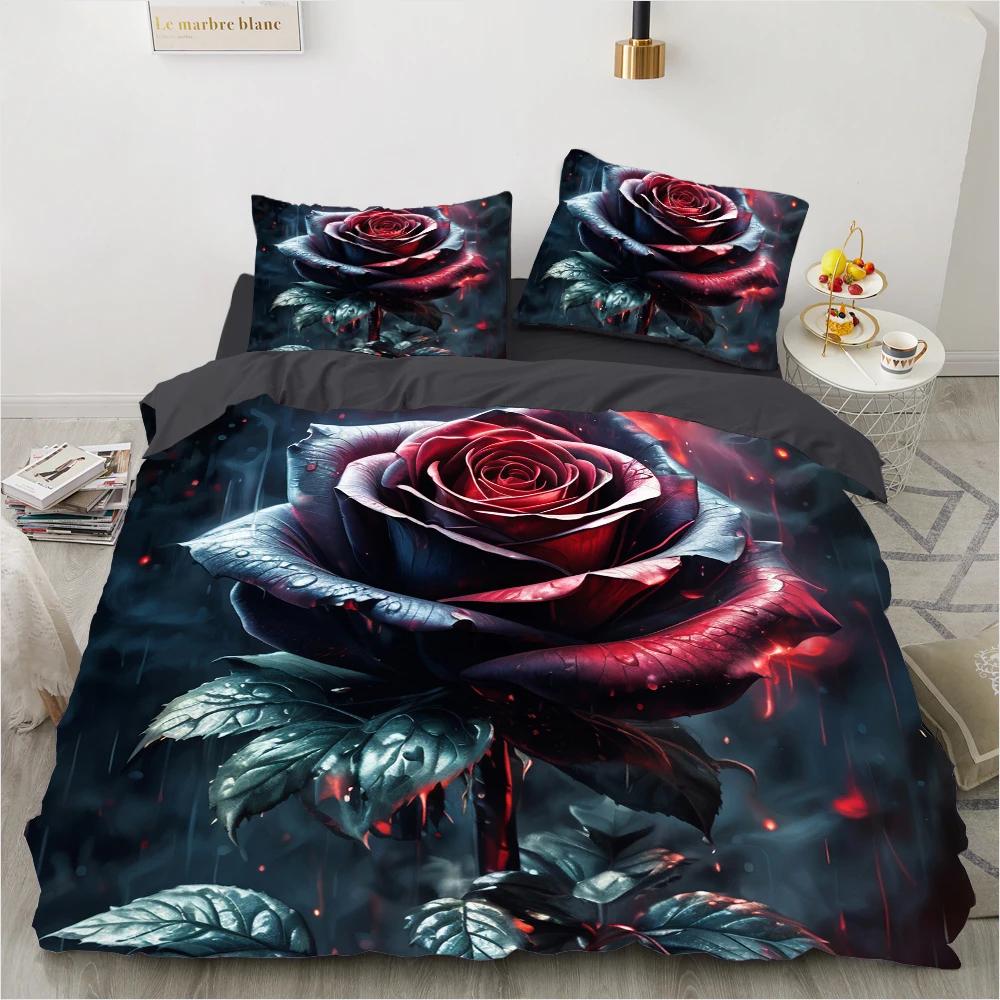 Комплект пододеяльника с красными розами размера Queen King Full 3D Комплекты постельного белья Цветочная наволочка Чехол для одеяла/пододеяльника Наборы постельного белья Постельное белье Кровать 140x200