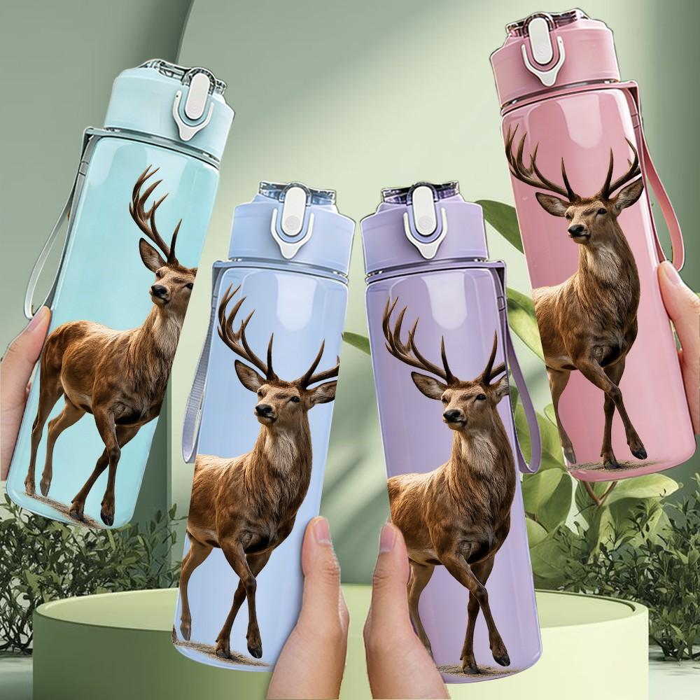 1PC Forest Stag Deer Animal Pattern 750ml Color Plastic Sports Water Bottle Leakproof Flip Straw Lid Suitable for Sports Office Home Use