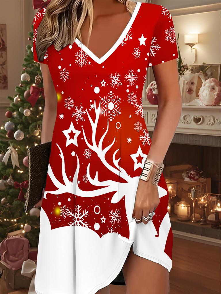 Модное женское платье с V-образным вырезом и коротким рукавом, с принтом рождественского снеговика, сексуальное короткое платье