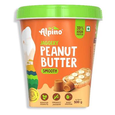 Арахисовое масло с высоким содержанием протеина Alpino Jaggery Smooth 500 г | 30% с высоким содержанием белка | Сделано из жареного арахиса, сывороточного протеина, органического пальмового сахара