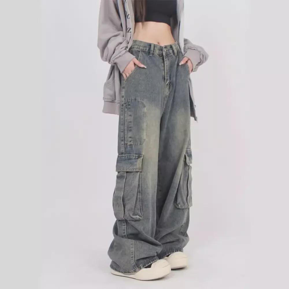 Джинсы унисекс в стиле ретро с потертостями и множеством карманов: Повседневные комбинезоны High Street