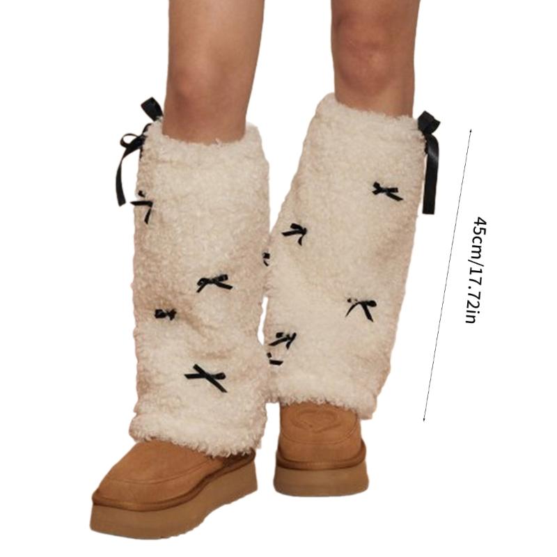 Bow Furs Leg Warmer Winter Furry Long Boot Cuffs Fuzzy Shoe Cover Party Costume for Holiday Festival Performances Play