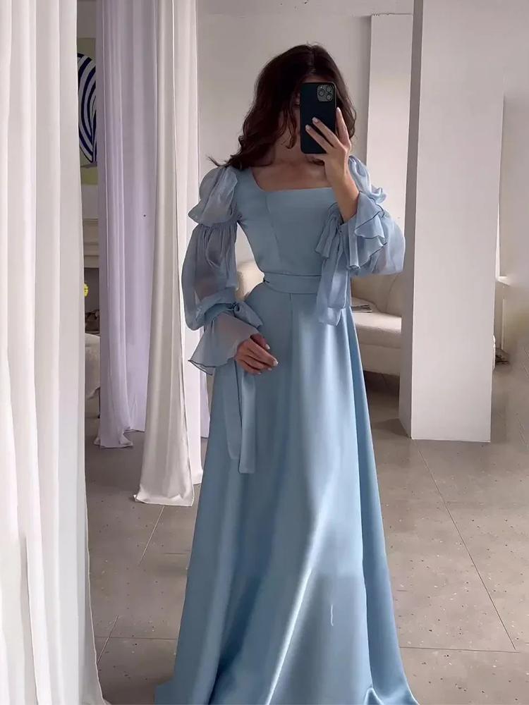 Элегантная женская уличная одежда, женское шифоновое атласное вечернее платье, однотонное квадратное воротниковое колье с поясом, расклешенные рукава, плиссированные женские платья