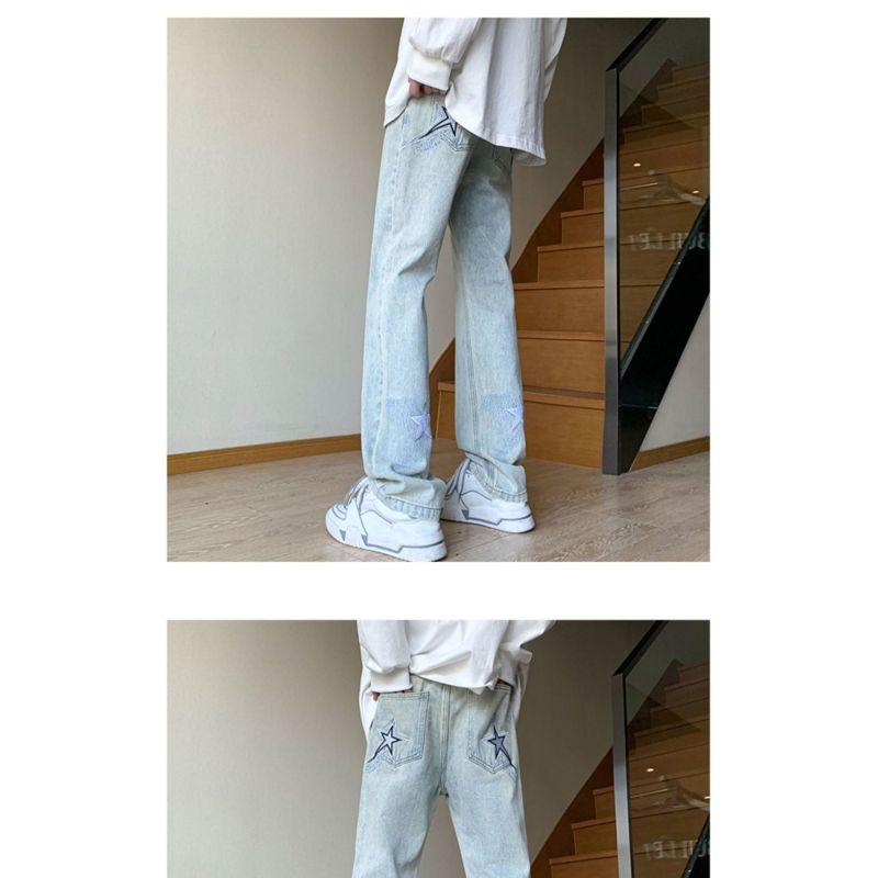 Брюки в американском стиле, уличные голубые джинсы со звездами и вышивкой, мужские брюки прямого кроя с дизайнерским смыслом