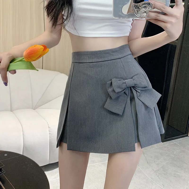Bow Design High Waist Women A-line Pleated Skirt Grey Suit Skirts Elegant Temperament Sweet Casual Spring Summer Korean Fashion