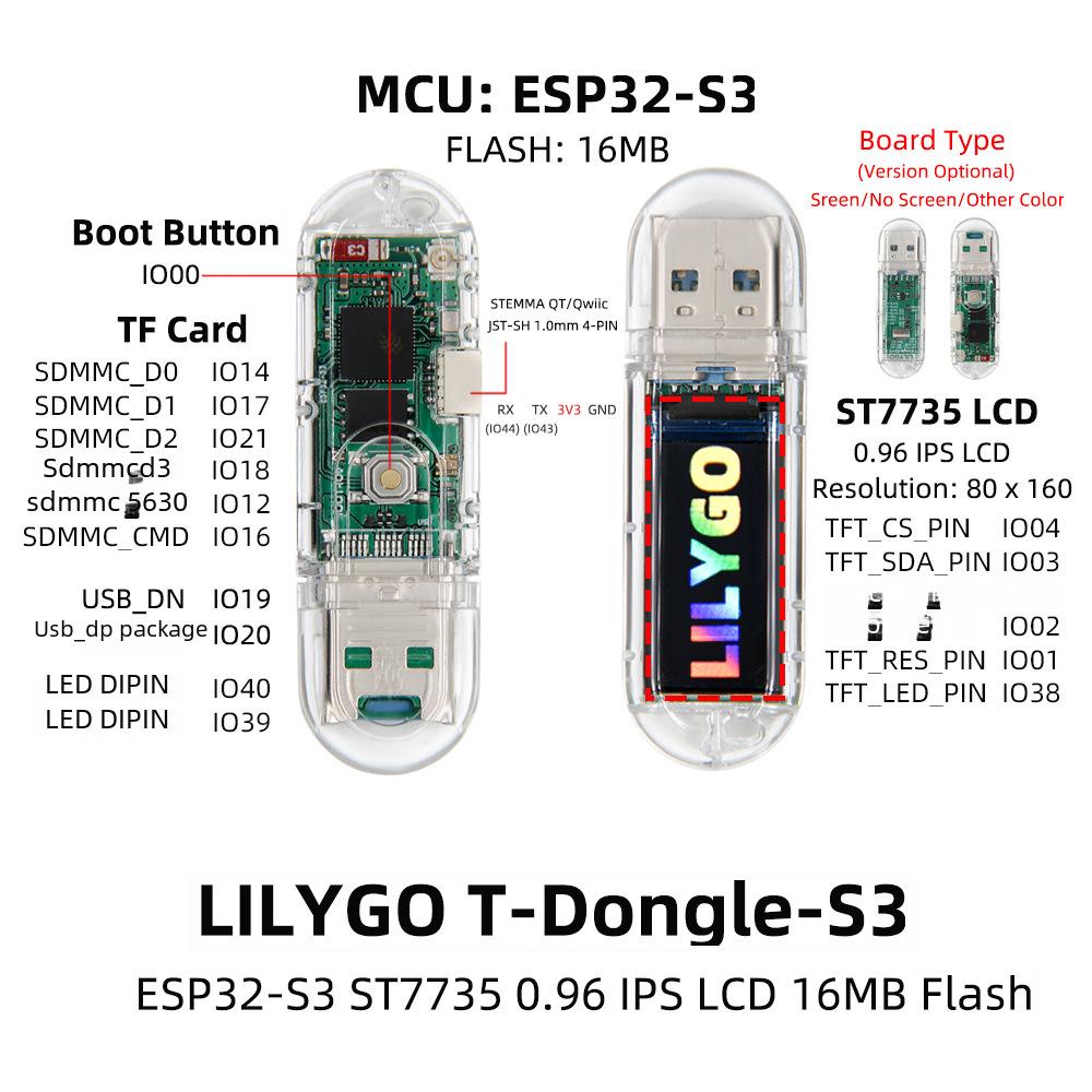 LILYGO® T-Dongle-S3 Отладочная плата с 0,96-дюймовым ЖК-дисплеем, WiFi, Bluetooth и поддержкой TF-карты