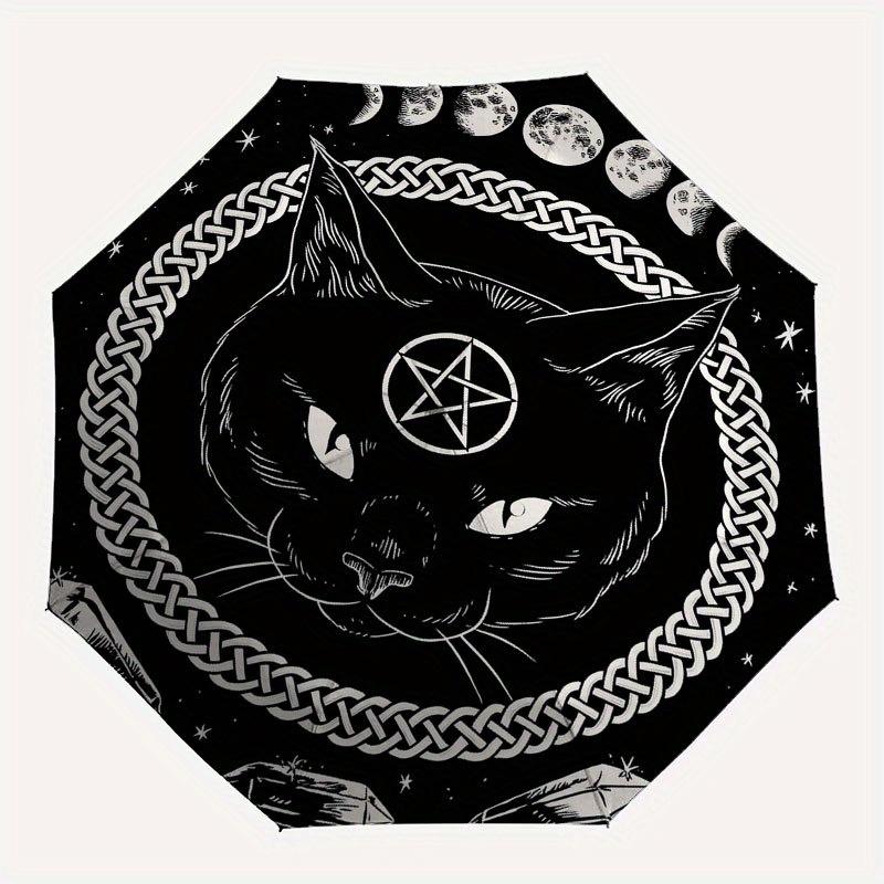 Black Cat Pentagram Moon Phase Celtic Knot Crystal Sticker Umbrella, Cute Umbrella with Cute Design, Portable 3-Fold Compact Umbrella for Men & Women,