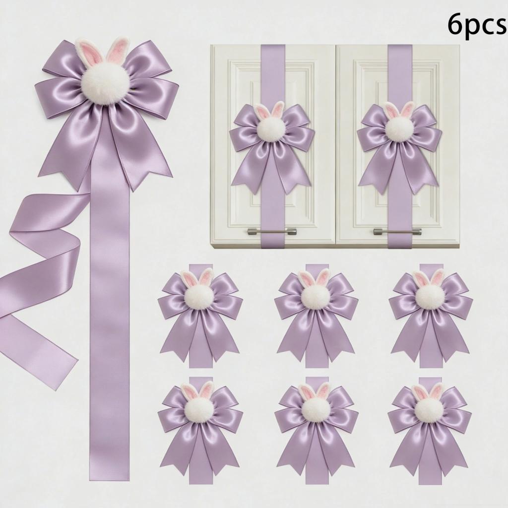 6 Easter Cabinet Door Hanging Knots Cute Plush Rabbit Ribbon Bow Decoration Suitable for Home Kitchen Furniture Decoration