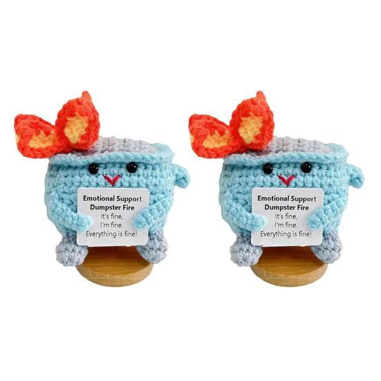 2 шт. крючком мусорный контейнер с пламенем и основанием, позитивная открытка, эмоциональная поддержка, ручная работа, вязание, мусорный бак, кукла, игрушка, украшение