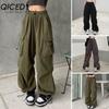 Women Hip Hop Cargo Pants Baggy Solid Color Elastic Waist Trousers Loose Breathable Female Pants