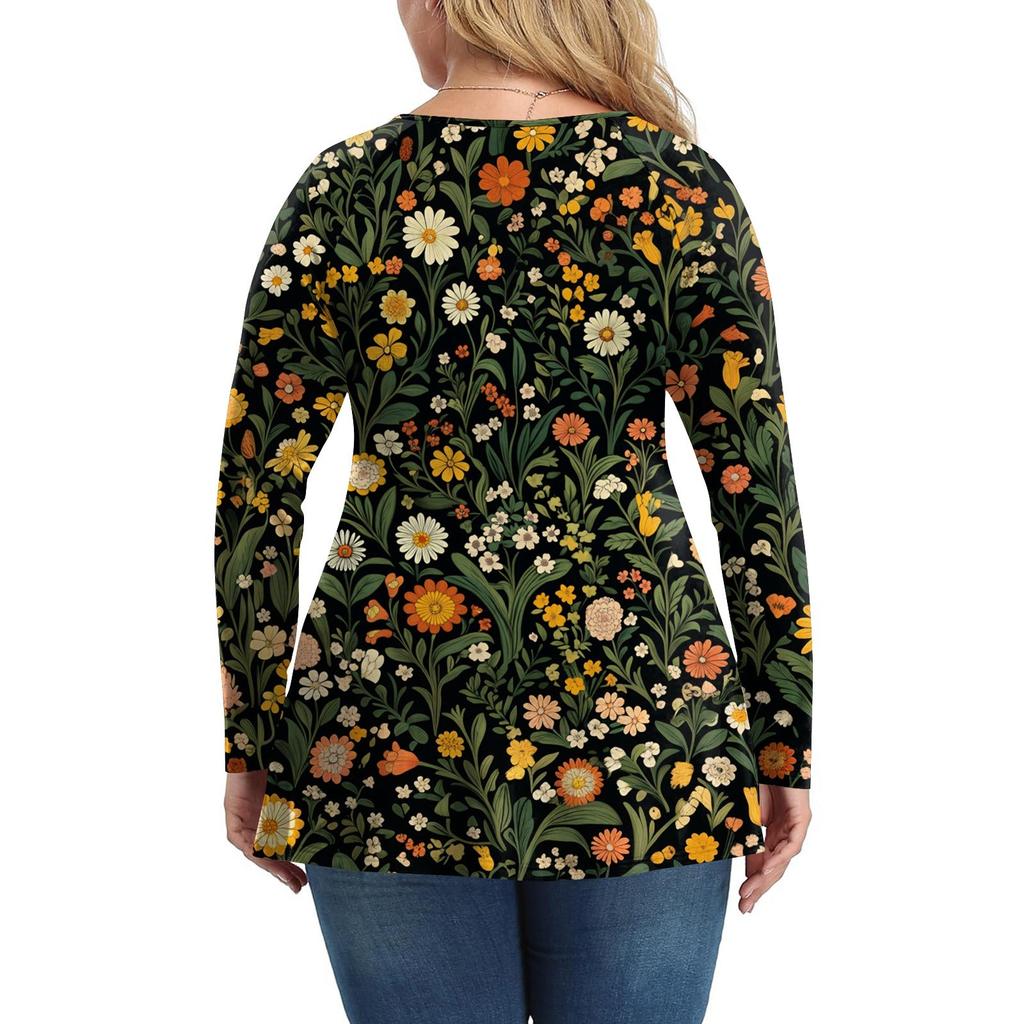 Women's Plus Size Shirt Long Sleeve Print Top Pleated Casual V-Neck Top