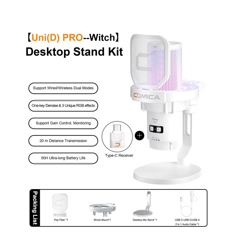 COMICA Uni Pro Wireless PC Condenser Microphone 2.4G 48kHz 24bit RGB Lighting Monitoring Desktop Stand White