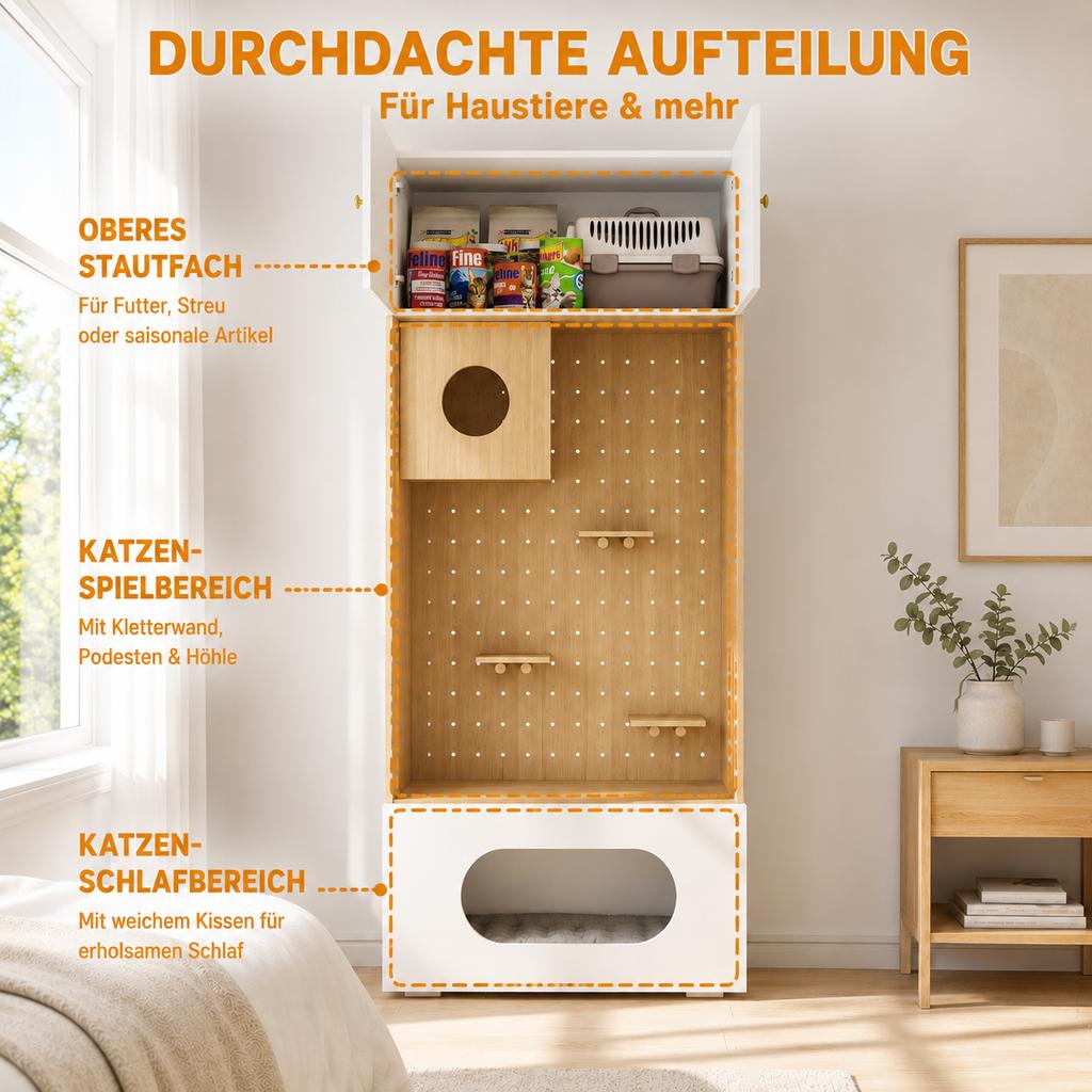 Pet Cabinet with Cat Climbing Wall, Cat Cave, Lounging Areas and Soft Cushion, 90 x 50 x 202 cm, with Storage Space, White + Wood Look