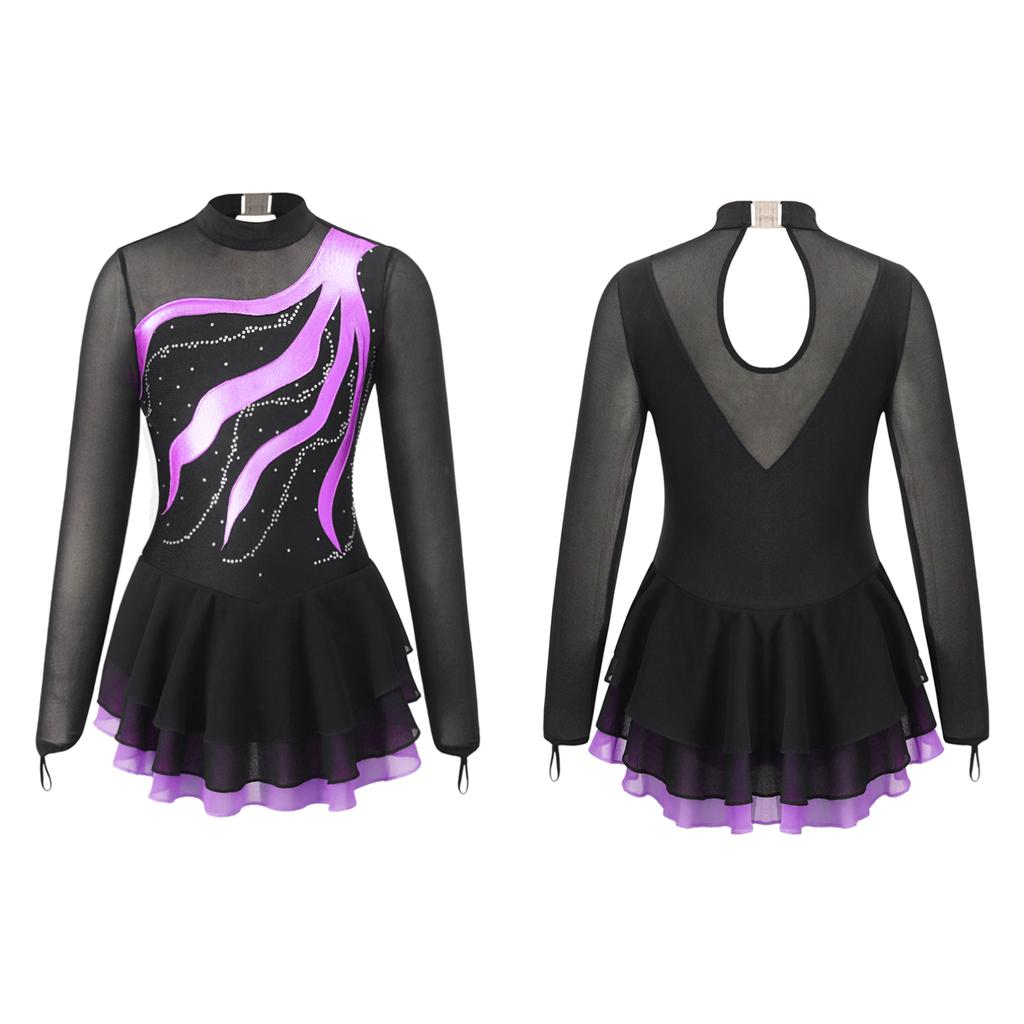 Детское платье для фигурного катания с длинным рукавом и стразами, с открытой спиной и расклешенной юбкой