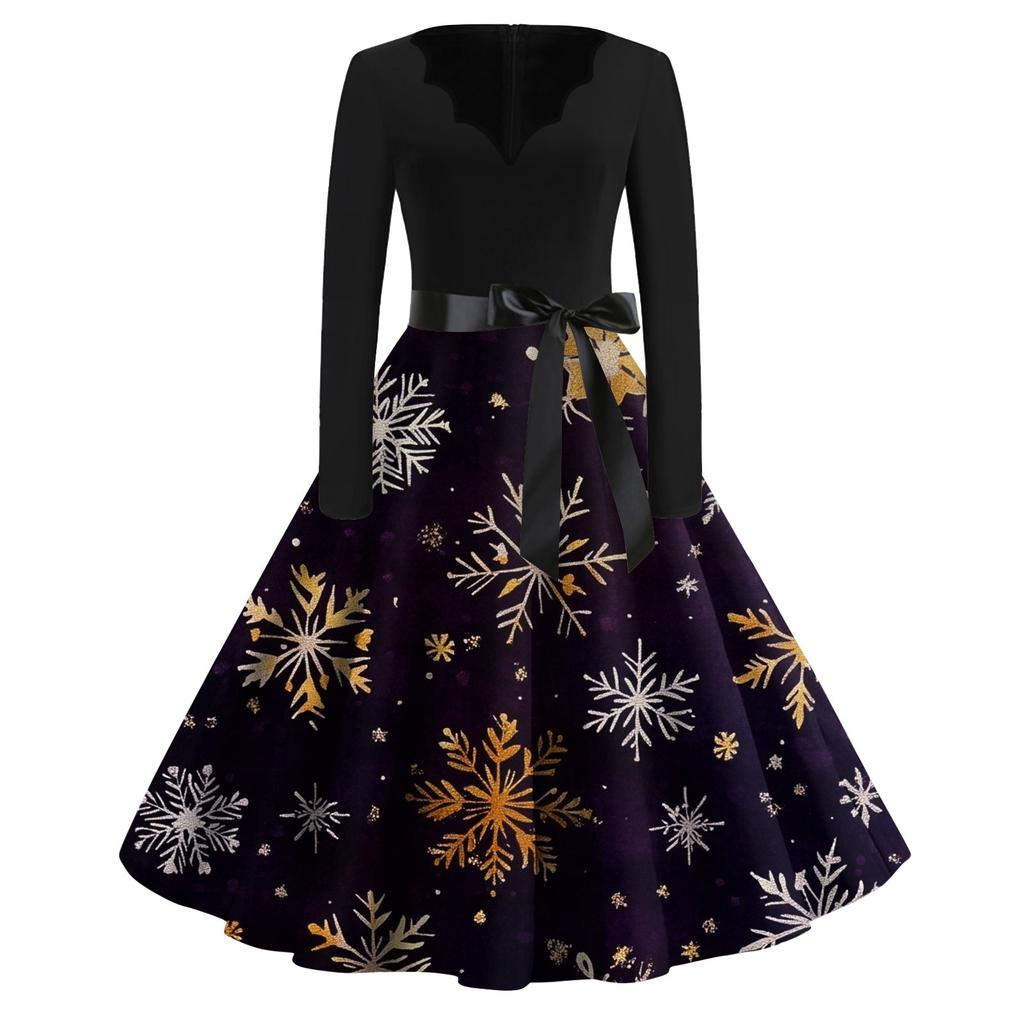 Женские модные повседневные тонкие рождественские платья с длинным рукавом с v-образным вырезом и принтом