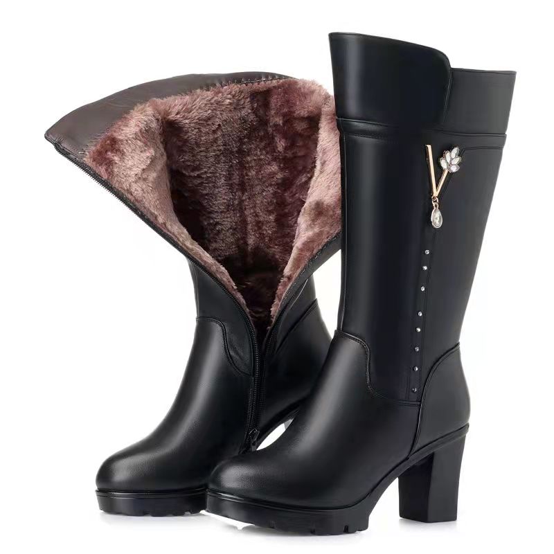 Женские зимние сапоги, женские сапоги из натуральной кожи, теплые шерстяные сапоги на высоком каблуке, женские сапоги