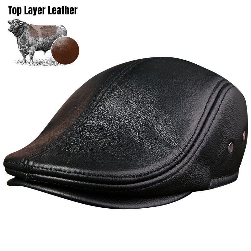 High Quality Cow Leather Hat Men's Fashion Warm Thickened Beret with Hidden Ear Protection
