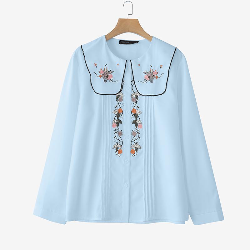 ZANZEA Женская повседневная блузка с длинным рукавом и вышивкой в цветочек