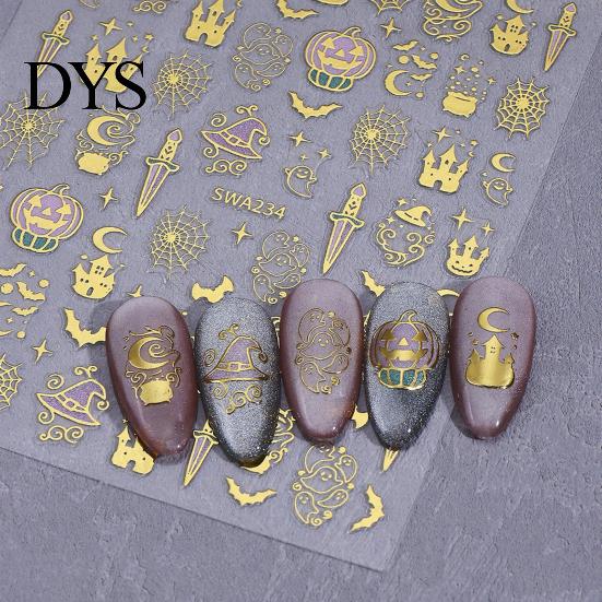 Holiday Nail Stickers Halloween 3D Art Stickers, Metallic Golden Pumpkin Ghost Spider Web DIY Supplies Witch Hat Decals, Self-Adhesive Manicure