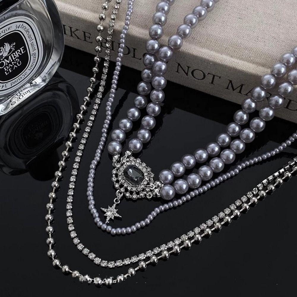 Crystal Inlaid Multi-Layer Pearls Necklace Multilayer Stacked Cross Clavicle Chain  Girls
