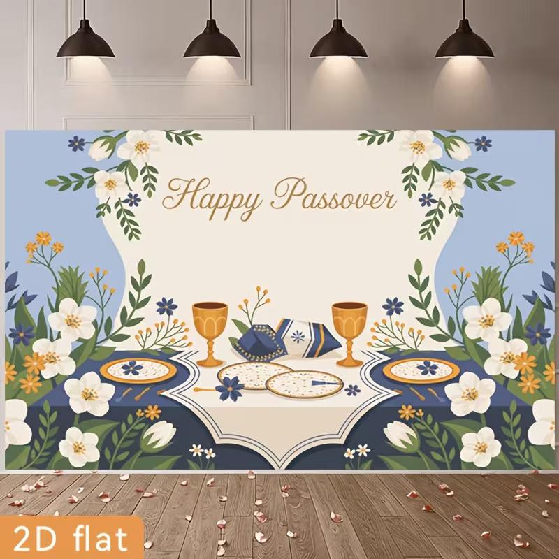 2D Happy Passover Photography Backdrop, Blue Floral Seder Plate & Matzah Background