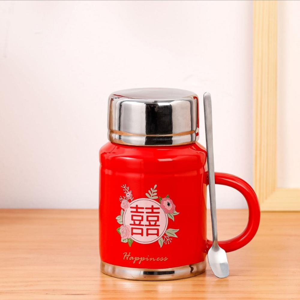 Vintage Double Happiness Kettle Mug with Lid Spoon Girls Ceramic Mug with Gift Box Packed Red Red Gift Box