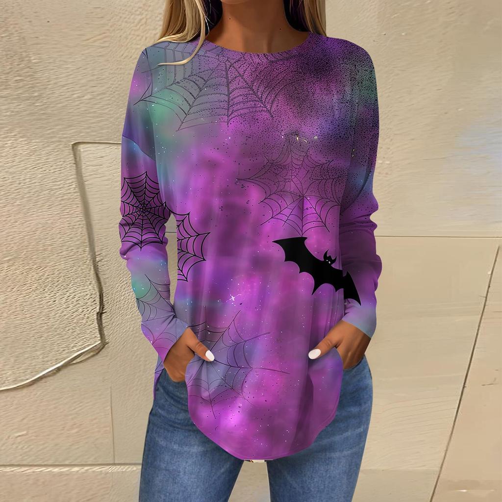 Женская свободная футболка с длинным рукавом с круглым вырезом и принтом, верхний пуловер