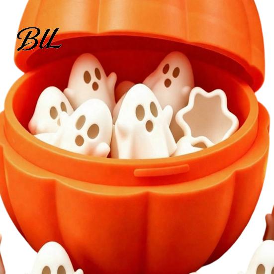 Desktop Ornament Display Pumpkin Bucket with Mini Ghosts, Halloween Candy Bowl, Cute Ghost Creative Container Figurines, Party Snack Holder
