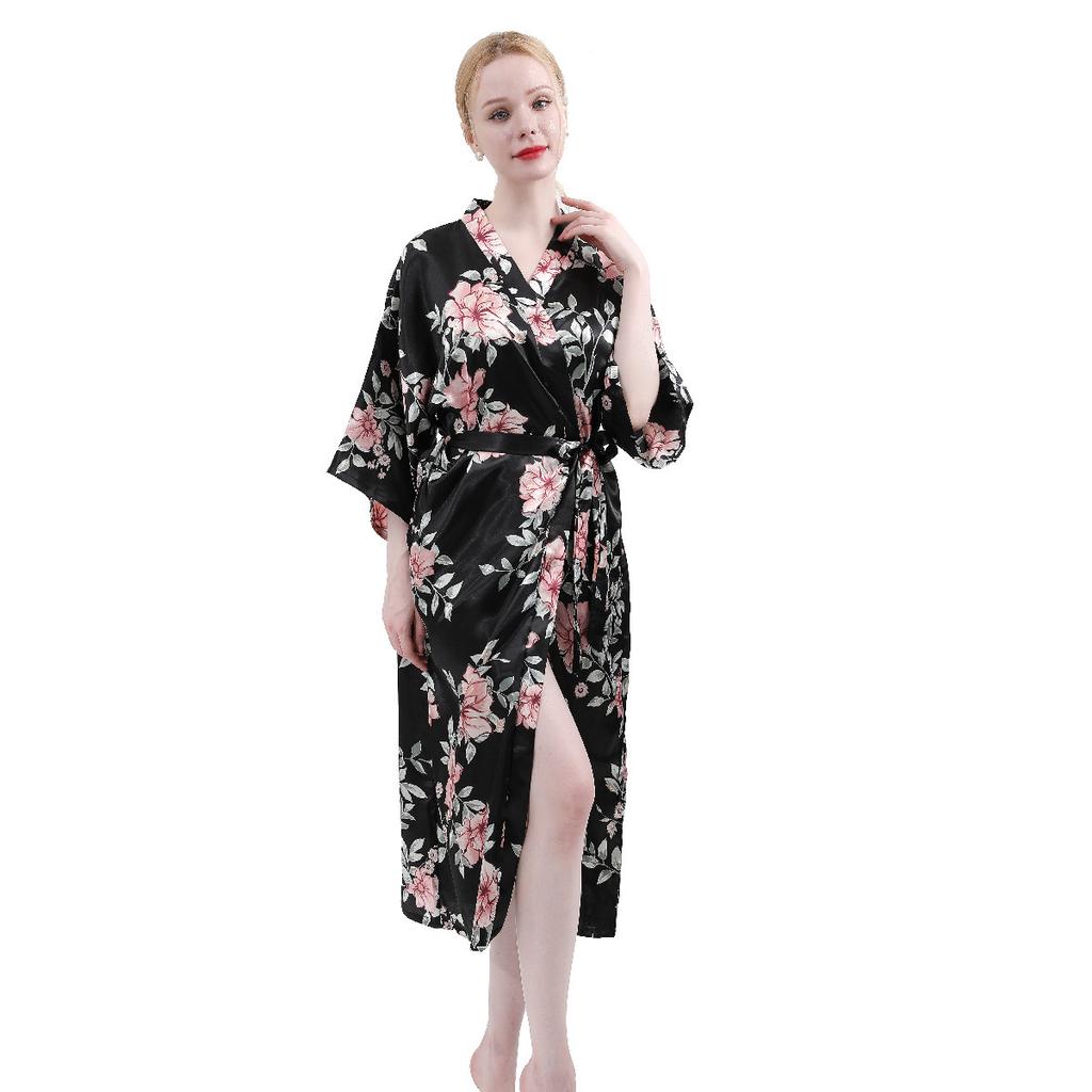 Spring and Autumn Long Imitation Silk Sexy Ladies Home Robe Fashion Temperament Elegant Cute Korean Version of The Silk Mother Morning Robe Home