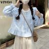 Women Casual Lace Round Neck Lantern Long Sleeve Blouses