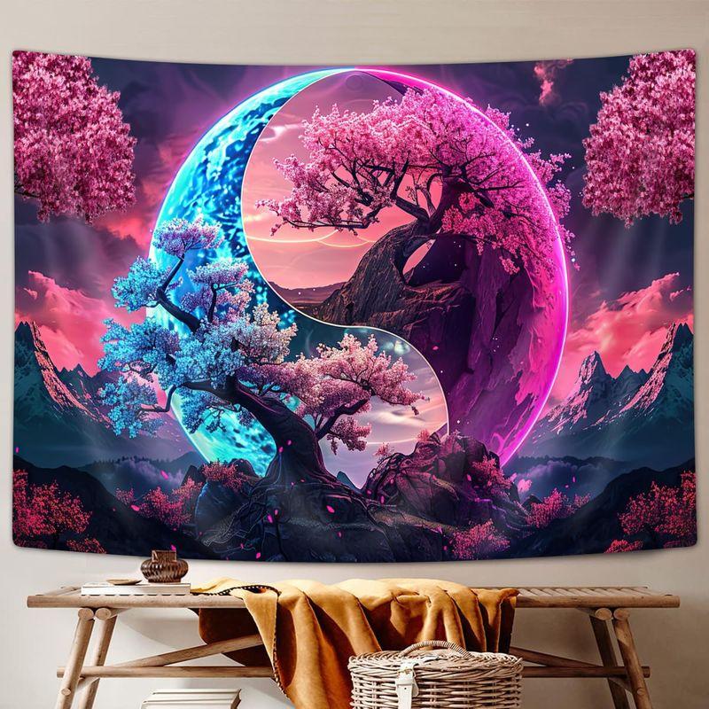 Yin Yang Cherry Tree Mountain Tapestry Psychedelic Zen Oriental Hippie Wall Hanging for Bedroom Dorm Home Wall Decor