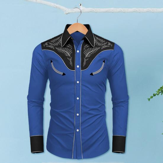 Men Spring Fall Shirt Loose Vintage Ethnic Style Print Color Matching Long Sleeve Lapel Single-breasted Mid Length Cardigan Men Top