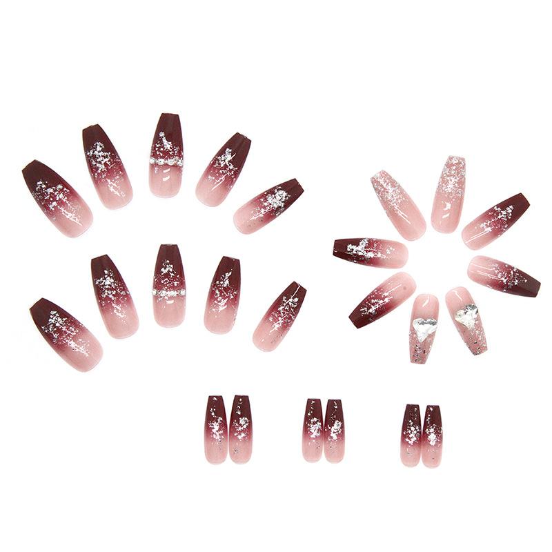 Artificial Nails Wine Red Smudge Flash Love Wear Nail Long Nail Art Transparent Hot Girl Ins Style False Nails 24 Pieces